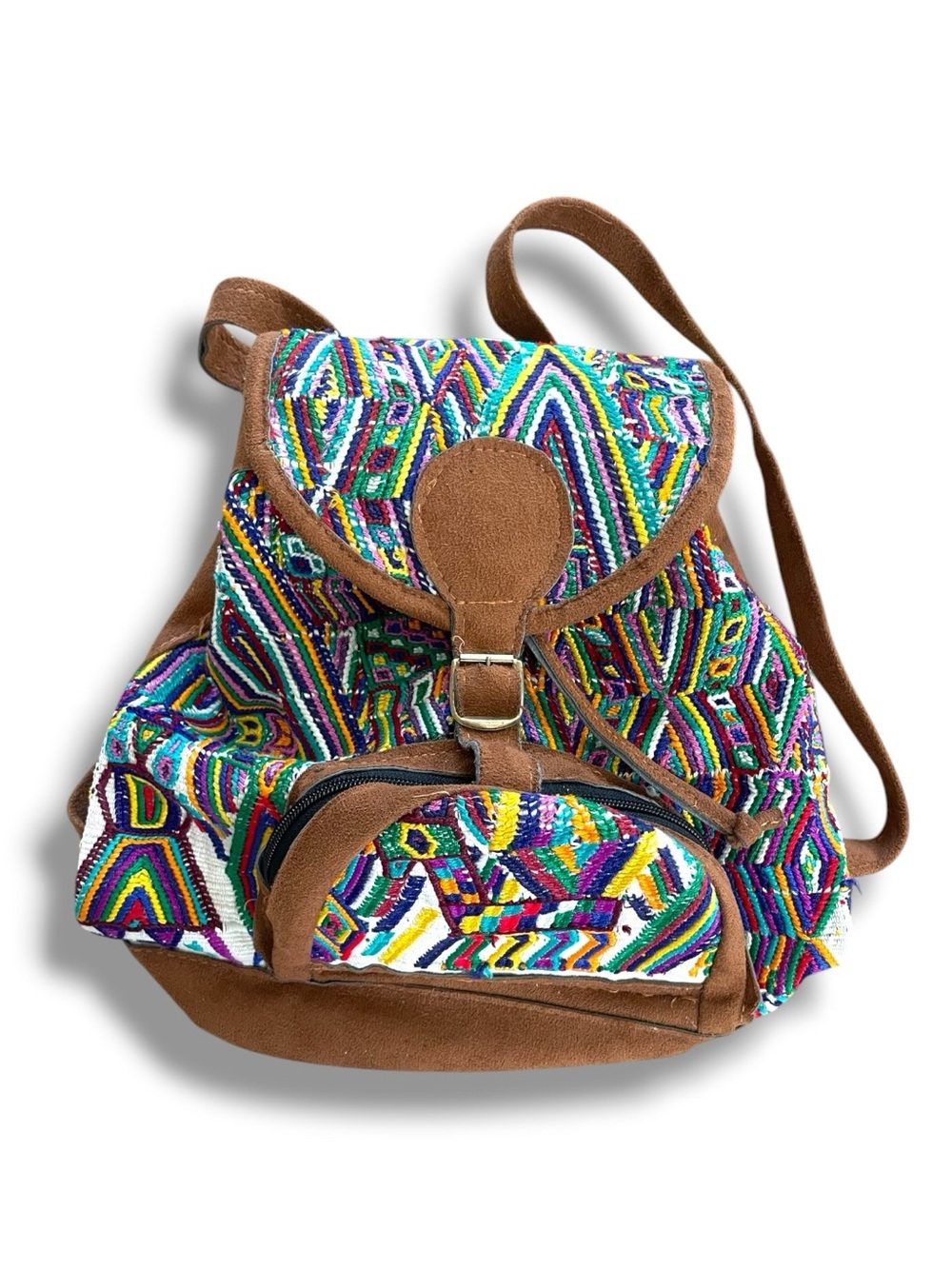 Handmade Guatemalan Huipil Embroidered Suede Leather Backpack Boho Artisan Bag